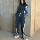 Women American sports style contrast striped top and trousers Two Piece Set