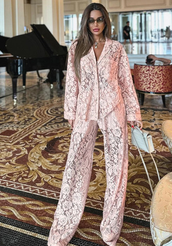 Women Lace See-Through Turndown Collar shirt and trousers Two Piece Set