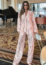 Women Lace See-Through Turndown Collar shirt and trousers Two Piece Set Women Lace See-Through Turndown Collar shirt and trousers Two Piece Set