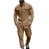 Men's American plus velvet Cargo Turndown Collar Jacket and Pant Two Piece Set