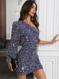 Women Sexy One Shoulder Long Sleeve Sequin Party Evening Dress