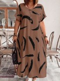 Plus Size Women short-sleeved printed slit dress
