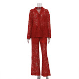 Women Lace See-Through Turndown Collar shirt and trousers Two Piece Set