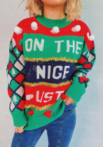 Christmas Women Letter Jacquard Gold Thread Stripe Knitting Round Neck Sweater