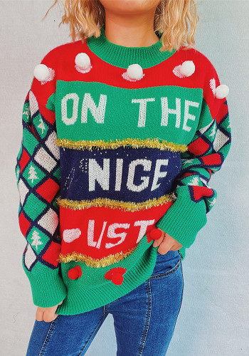 Christmas Women Letter Jacquard Gold Thread Stripe Knitting Round Neck Sweater