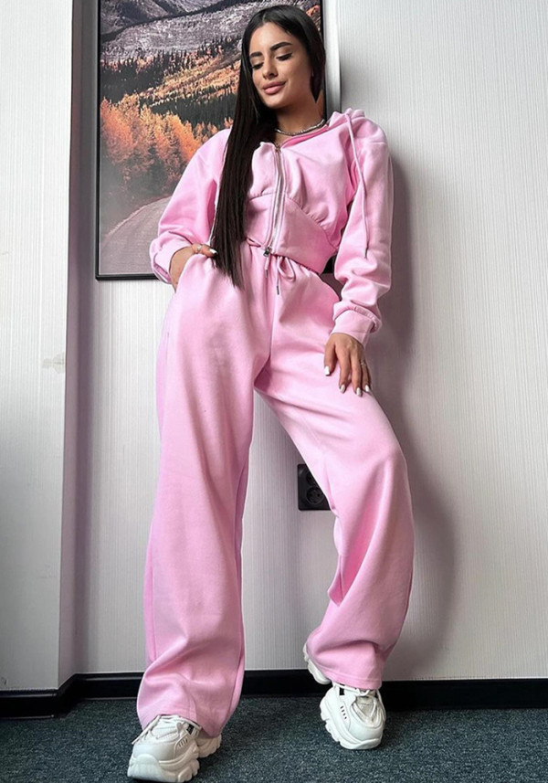 Women Fall Casual Long Sleeve Zipper Hoodies andSolid Lace-up PantsTwo Piece Set