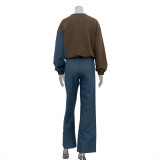 Women American sports style contrast striped top and trousers Two Piece Set