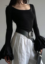 Women Fall Round Neck Patchwork Puff Sleeve Elegant Top Women Fall Round Neck Patchwork Puff Sleeve Elegant Top