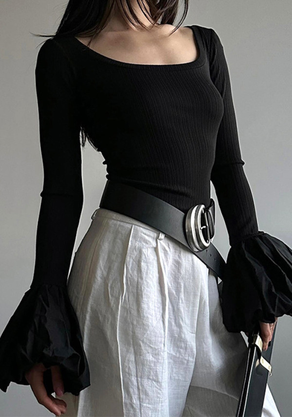 Women Fall Round Neck Patchwork Puff Sleeve Elegant Top