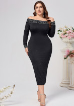 Plus Size Women Sexy Long Sleeve Sequin Off Shoulder Dress