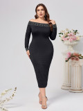 Plus Size Women Sexy Long Sleeve Sequin Off Shoulder Dress