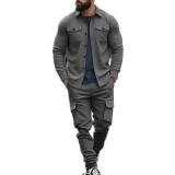 Men's American plus velvet Cargo Turndown Collar Jacket and Pant Two Piece Set