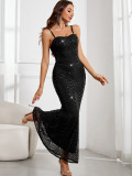 Women Sexy Backless Black Sequin Evening Dress