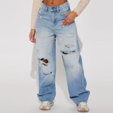 Women Winter Street Irregular Ripped Denim Straight Pants
