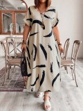 Plus Size Women short-sleeved printed slit dress