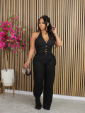 Women solid v-neck Halter Neck vest and PantTwo Piece Set