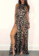 Women Leopard Print Sleeveless Lace-up Slit Jumpsuit