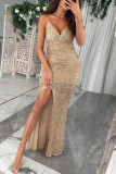 Women Sexy Suspender V-Neck Sequin Party Open Dress