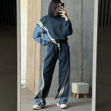 Women American sports style contrast striped top and trousers Two Piece Set