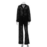 Women Lace See-Through Turndown Collar shirt and trousers Two Piece Set
