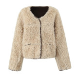 Women retro reversible lamb wool warm jacket