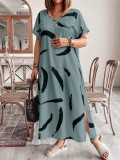 Plus Size Women short-sleeved printed slit dress