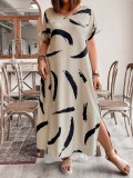 Plus Size Women short-sleeved printed slit dress