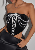 Christmas Velvet Patchwork Pearl Chain Strapless Fishbone Vest Christmas Velvet Patchwork Pearl Chain Strapless Fishbone Vest