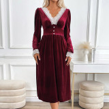 Women's Autumn Winter Contrasting Color Lace Velvet Patchwork Elegant Casual Dress