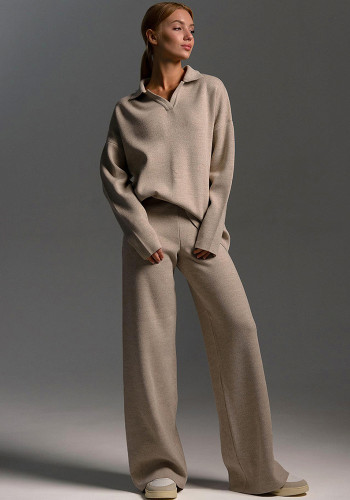 Solid Color Turndown Collar Knitting Sweater Straight Wide-Leg Pants Two-Piece Set