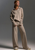 Solid Color Turndown Collar Knitting Sweater Straight Wide-Leg Pants Two-Piece Set Solid Color Turndown Collar Knitting Sweater Straight Wide-Leg Pants Two-Piece Set