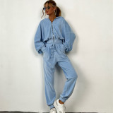 Women Solid Casual long-sleeved Hoodies and PantTwo Piece Set