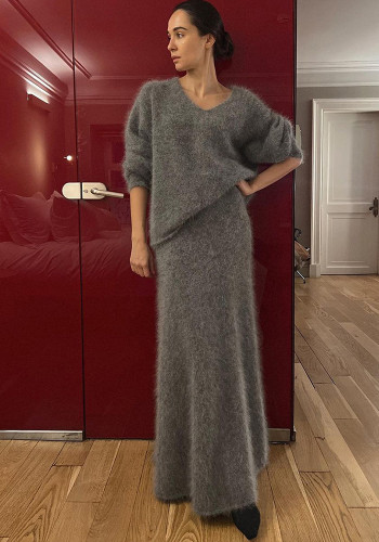 Autumn Winter Lazy V-Neck Sweater Fishtail Skirt Two Piece Set