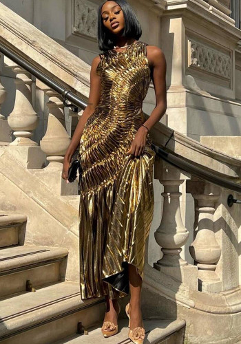 Sleeveless Sexy Shiny Color Pleated Long Evening Dress