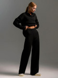 Solid Color Turndown Collar Knitting Sweater Straight Wide-Leg Pants Two-Piece Set