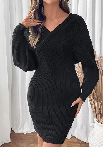 Autumn Winter Women's V Neck Bat Sleeves Solid Color Knitting Sweater Dress