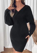 Autumn Winter Women's V Neck Bat Sleeves Solid Color Knitting Sweater Dress Autumn Winter Women's V Neck Bat Sleeves Solid Color Knitting Sweater Dress