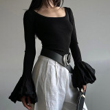 Women Fall Round Neck Patchwork Puff Sleeve Elegant Top