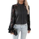 Career Women's Top Lace Patchwork Round Neck Long-Sleeved Shirt