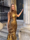 Sleeveless Sexy Shiny Color Pleated Long Evening Dress