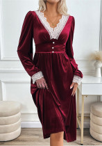 Women's Autumn Winter Contrasting Color Lace Velvet Patchwork Elegant Casual Dress Women's Autumn Winter Contrasting Color Lace Velvet Patchwork Elegant Casual Dress