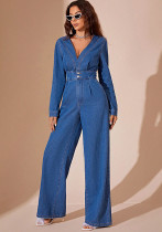 Women's Casual V-Neck Long Sleeve Wide Leg Denim Jumpsuit