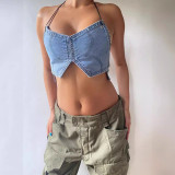 Sexy Fashion Spring Summer Sleeveless Denim Strapless Strap Blue Vest