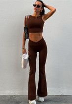 Autumn Winter Sexy Crop Short Vest Solid Color High Waist Flared Trousers Two Piece Set For Women Autumn Winter Sexy Crop Short Vest Solid Color High Waist Flared Trousers Two Piece Set For Women