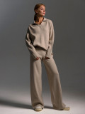 Solid Color Turndown Collar Knitting Sweater Straight Wide-Leg Pants Two-Piece Set
