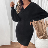 Autumn Winter Women's V Neck Bat Sleeves Solid Color Knitting Sweater Dress