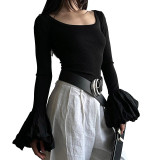 Women Fall Round Neck Patchwork Puff Sleeve Elegant Top