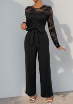 Autumn Lace Patchwork Long Sleeve Solid Color Jumpsuit