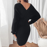 Autumn Winter Women's V Neck Bat Sleeves Solid Color Knitting Sweater Dress