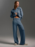 Solid Color Turndown Collar Knitting Sweater Straight Wide-Leg Pants Two-Piece Set